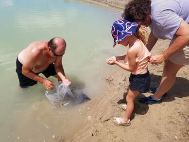 Picture of Shawn putting fish in the pond, but the grandkids wanted to see them first.