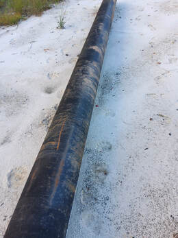 Picture of a piece of pipe near the wood line that a bear was playing with, you can see his paw prints in the sand.